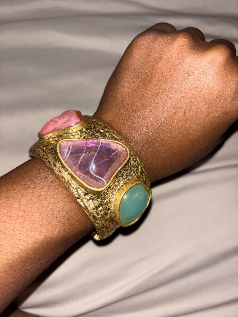Gold-tone Cuff Bracelet with Pink, Green and Coral Stone Accents